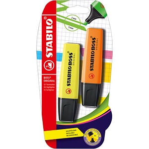 Textmarker Stabilo, Boss Original, corp plastic in culoarea cernelei, varf retezat, 2-5 mm, galben, portocaliu, 2 bucati/blister