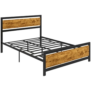 Cadru de pat in stil industrial HomCom, 140 x 200 cm, Lemn/Otel, Negru/Maro