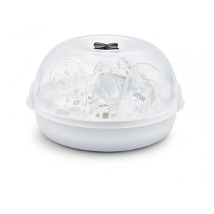 Sterilizator biberoane Nuk, Micro Express Plus, Pentru cuptorul cu microunde, Pana la 4 biberoane 300 ml si accesorii, Timp 4 minute la 1000 W, Include clesti pentru indepartare igienica, alb