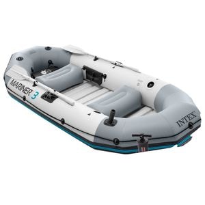 Barca gonflabila INTEX, material rezistent din vinil, 3 camere de aer, prevazuta cu 2 valve, 2 perne gonflabile, pompa pentru umflat, kit reparare si 2 vasle