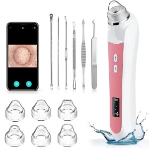 Aspirator Profesional Puncte Negre Elindor Camera HD 5 MPX, 6 Capete Inter-Schimbabile, 3 Nivele de Putere, Roz