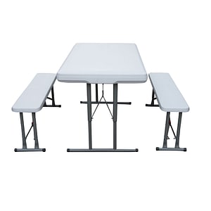 Set masa plianta cu 2 banci pentru gradina DacEnergy, structura robusta, din teava din otel, blat din HDPE, dreptunghiulara, 113 x 68 x 72 cm, alb