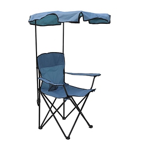 Scaun camping DacEnergy, cadru fabricat din otel, poliester, cu brate si suport de pahar, pliant, cu protectie solara, albastru inchis, 81 x 50 x 82 cm