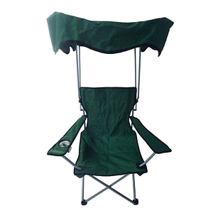 Scaun camping DacEnergy, cadru fabricat din otel, poliester, cu brate si suport de pahar, pliant, cu umbrela, verde inchis, 84 x 52 x 85 cm