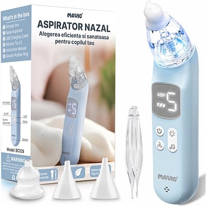 Aspirator Nazal Mavio, pentru Bebelusi si Copii, 5 Trepte de Viteza, 3 Moduri de Iluminare, Silentios, Incarcare USB Type-C, Penseta, 3 Capete din Silicon