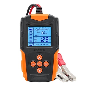 Tester de baterie auto Techstar FBT-200, 12V/24V, 100-2000 CCA, 3Ah - 200Ah, analizor digital baterie pentru masini, camioane, motociclete, SUV-uri, barci, Negru/Orange