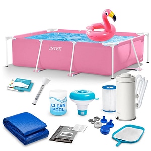 Piscina cu cadru INTEX, realizata din material PVC durabil cu 3 straturi, pompa de filtru, filtru, covoras, colac, capacitate 1662 l, forma dreptunghiulara, 220 x 150 x 60 cm, roz
