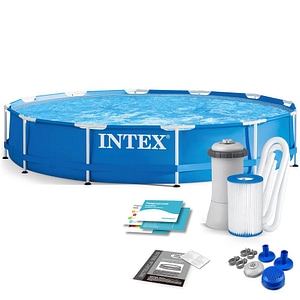 Piscina cu cadru INTEX, material PVC durabil cu 3 straturi, usor de asamblat, forma rotunda, pompa de filtru, filtru pompa, capacitate 6503 l, 366 x 76 cm, albastra