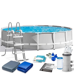 Piscina cu cadru INTEX, material PVC durabil cu 3 straturi, pompa de filtru, filtru pompa, scara metalica sigura, prelata si folie, rotunda, 12706 litri, 427 x 107 cm, gri