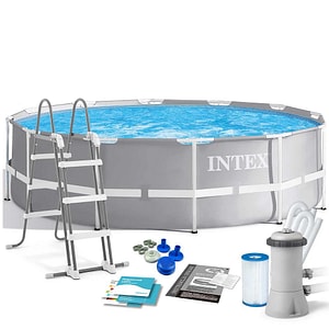Piscina cu cadru INTEX, material PVC durabil cu 3 straturi, pompa de filtru, filtru, scara metalica sigura, forma rotunda, 8592 litri, 366 x 99 cm, gri