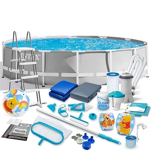 Piscina cu cadru INTEX, material PVC durabil cu 3 straturi, pompa de filtru, scara metalica, prelata si folie, skimmer, kit de curatare cu aspirator, rotunda, aripioare de inot, minge, 16805 litri, 457 x 122 cm