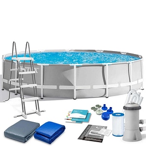 Piscina cu cadru INTEX, material PVC durabil cu 3 straturi, pompa de filtru, scara metalica sigura, prelata si folie, rotunda, 16805 litri, 457 x 122 cm, gri