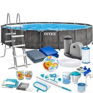 Piscina cu cadru INTEX, material PVC durabil cu 3 straturi, cu pompa de filtru, scara metalica, prelata si folie, termometru, skimmer, set curatare si aspirator, 24311 litri, 549 x 122 cm, gri inchis