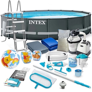 Piscina cu cadru INTEX, material PVC durabil cu 3 straturi, pompa de filtru, nisip de filtrare, scara metalica, prelata si folie, skimmer, kit de curatare, aspirator, aripioare de inot, minge, 19156 l