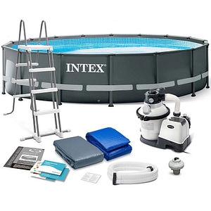 Piscina cu cadru INTEX, material PVC durabil cu 3 straturi, pompa cu filtru de nisip, scara metalica sigura, prelata si folie, capacitate 19156 litri, 488 x 122 cm, neagra