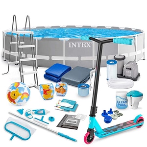 Piscina cu cadru INTEX, material PVC durabil cu 3 straturi, pompa de filtru, scara metalica sigura, prelata si folie, rotunda, kit de curatare, aspirator, skimmer, 32695 litri, 610 x 132 cm, gri