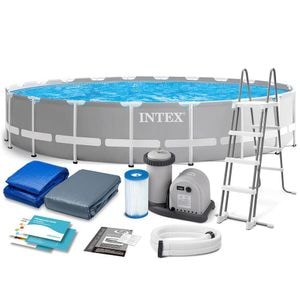 Piscina cu cadru INTEX, material PVC durabil cu 3 straturi, pompa de filtru, scara metalica sigura, prelata si folie, rotunda, 32695 litri, 610 x 132 cm, gri