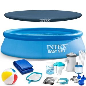 Piscina INTEX, realizata din material PVC durabil cu 3 straturi, 1942 litri, pompa de filtru, filtru, kit de reparare, prelata si folie, cu minge, 244 x 61 cm, albastra
