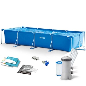 Piscina cu cadru INTEX, realizata din material PVC durabil cu 3 straturi, capacitate 7127 l, forma dreptunghiulara, cu pompa de filtru, 450 x 220 x 84 cm, albastra