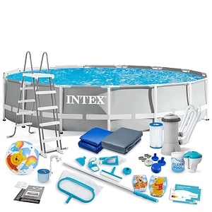 Piscina cu cadru INTEX, material PVC durabil cu 3 straturi, pompa de filtru, scara metalica, prelata si folie, skimmer, kit de curatare cu aspirator, rotunda, 14614 litri, 457 x 107 cm