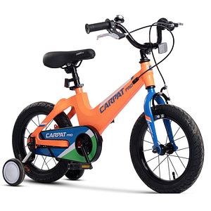 Bicicleta MTB pentru copii 3-5 ani Carpat Pro JSX14122, cadru din Magneziu cu cabluri integrate, roata 14 inch, frana V-Brake, roti ajutatoare, portocaliu cu albastru