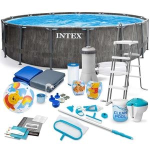 Piscina cu cadru INTEX, material PVC durabil cu 3 straturi, cu pompa de filtru, scara metalica, prelata si folie, termometru, skimmer, set curatare, 16805 litri, 457 x 122 cm, gri inchis