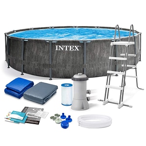 Piscina cu cadru INTEX, material PVC durabil cu 3 straturi, cu pompa de filtru, scara metalica, prelata si folie, 16805 litri, 457 x 122 cm, gri inchis