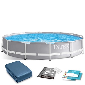 Piscina cu cadru INTEX, material PVC durabil cu 3 straturi, usor de asamblat, forma rotunda, cu prelata de protectie, capacitate 6503 litri, 366 x 76 cm, gri