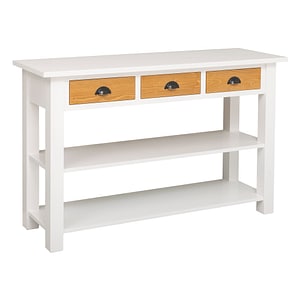 Consola cu 2 rafturi, 3 sertare, culoare corp alb P004, culoare sertare maro deschis P002, dublu color, 100% lemn masiv, 145x89x45 cm