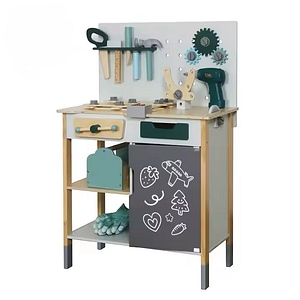 Banc Lucru Multifunctional din Lemn pentru Copii LittleWorkshop cu Unelte, Bormasina Electrica, Ciocan, Fierastrau, Chei Fixe, Cutie Scule, Manusi Protectie,Tabla desen, Verde/Gri