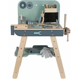 Banc Lucru Multifunctional din Lemn pentru Copii Montessori Little Workbench cu Fierastrau, Cheie Fixa, Cleste, Ciocan, Surubelnita, Nivela, Rigla,Echer, Manusi Lucru,Blue/Grey