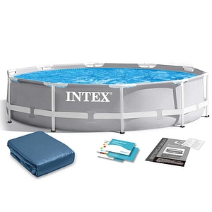 Piscina cu cadru INTEX, material PVC durabil cu 3 straturi, usor de asamblat, forma rotunda, cu capac, capacitate 4485 litri, 305 x 76 cm, gri