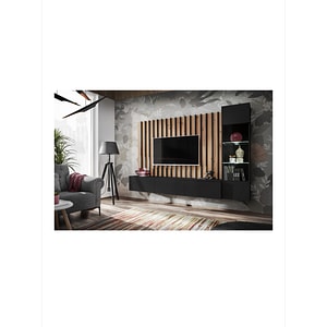 Set mobila living, suspendata, prindere perete, cu riflaj inclus, usi deschidere prin apasare, vitrina cu led, stejar artisan/negru mat, 220 cm lungime