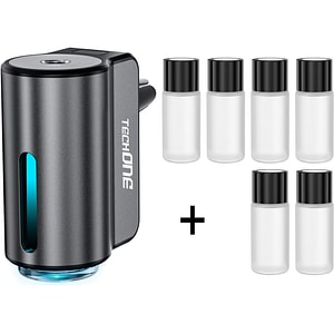 Odorizant Auto Smart Techone FreshFlow Auto Parfumant, Acumulator, 3 Moduri Interval de Functionare, Luminna Ambientala, 6 Parfumuri Incluse, Oprire/Pornire Automata, Negru