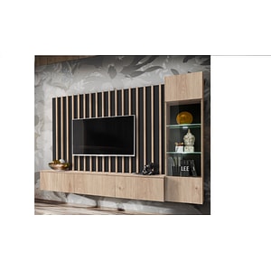 Set mobila living, suspendata, prindere perete, cu riflaj inclus, usi deschidere prin apasare, vitrina cu led, stejar /negru mat riflaj, 220 cm lungime