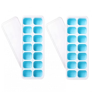 Set de 2 tavi stivuibile cu capace pentru cuburi de gheata iFancy, plastic, alb/albastru, 25 x 10 x 3 cm
