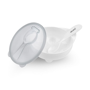 Set hranire Akuku, Castron, Cu lingurita, Cu capac, Capacitate 250 ml, Alb