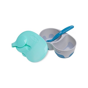 Set hranire Akuku, Castron cu 2 compartimente, Cu lingura, 6 luni+, Gri/Albastru