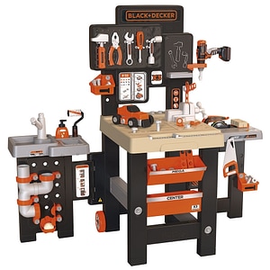 Banc de lucru Smoby, Black+Decker, Cu diverse unelte si elemente de bricolaj, Pliabil, 56 x 34 x 103 cm, 36 luni+, Multicolor 