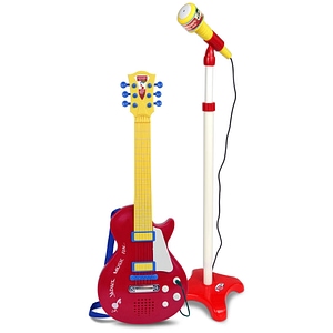 Chitara electronica Bontempi, Rock, Cu stativ reglabil, Include curea de umar, 20x56x4 cm chitara, microfon+stativ, 36 luni+, Red/Yellow