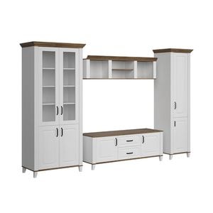 Biblioteca Living Kandy, 319x57x220 cm, 2 vitrine, Comoda TV, Vitrina, Dulap, Raft, Alb/Stejar