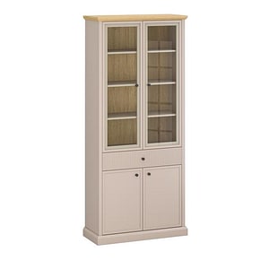 Mobilier Living Biblioteca Idello, 2 vitrine, Comoda TV, Comoda cu sertare si usi, Polita decorativa, Gri Argila + Stejar Holm