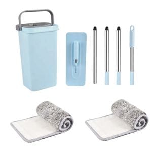 Set mop cu galeata PAA-home, mop plat din microfibra, cuve separate pentru spalare si uscare, 2 lavete pentru mop incluse, orificiu scurgere apa, capacitate 3.2 Litri