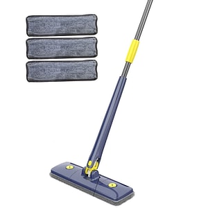 Set mop multifunctional cu 3 lavete NEXTLY pentru suprafete uscate si umede, cap dreptunghiular rotativ 360 si pliabil 180,  maner 110cm, albastru