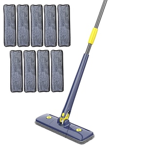 Set mop multifunctional cu 9 lavete NEXTLY pentru suprafete uscate si umede, cap dreptunghiular rotativ 360 si pliabil 180,  maner 110cm, albastru