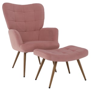 Fotoliu cu taburet inclus, culoare roz, tesatura de calitate, confortabil, picioare negre, din metal, reglabile, design modern, living, dormitor, 70x78x97 cm