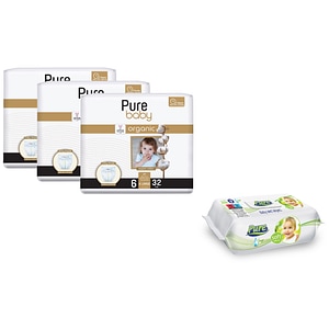 Set 3 pachete Pure Baby Nr. 6, scutece 96 buc, cu 1 pachet servetele umede copii Pure, 120buc