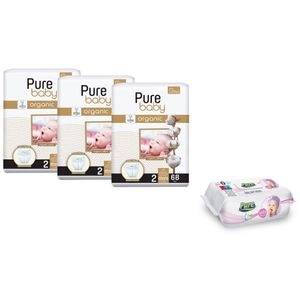 Set 3 pachete Pure Baby Nr. 2, scutece 204 buc, cu 1 pachet servetele umede copii Pure, 120buc