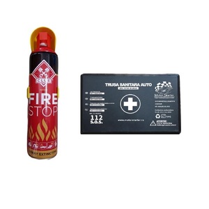 Kit siguranta rutiera Motor Starter, Trusa medicala auto prim ajutor + Stingator auto tip spray 1000 ml, cu suport de prindere
