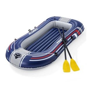 Barca gonflabila Bestway, PVC durabil, 3 camere de aer, 2 adulti, 2 vasle din plastic, sarcina maxima 170 kg, pompa de picior, 228 x 121 cm